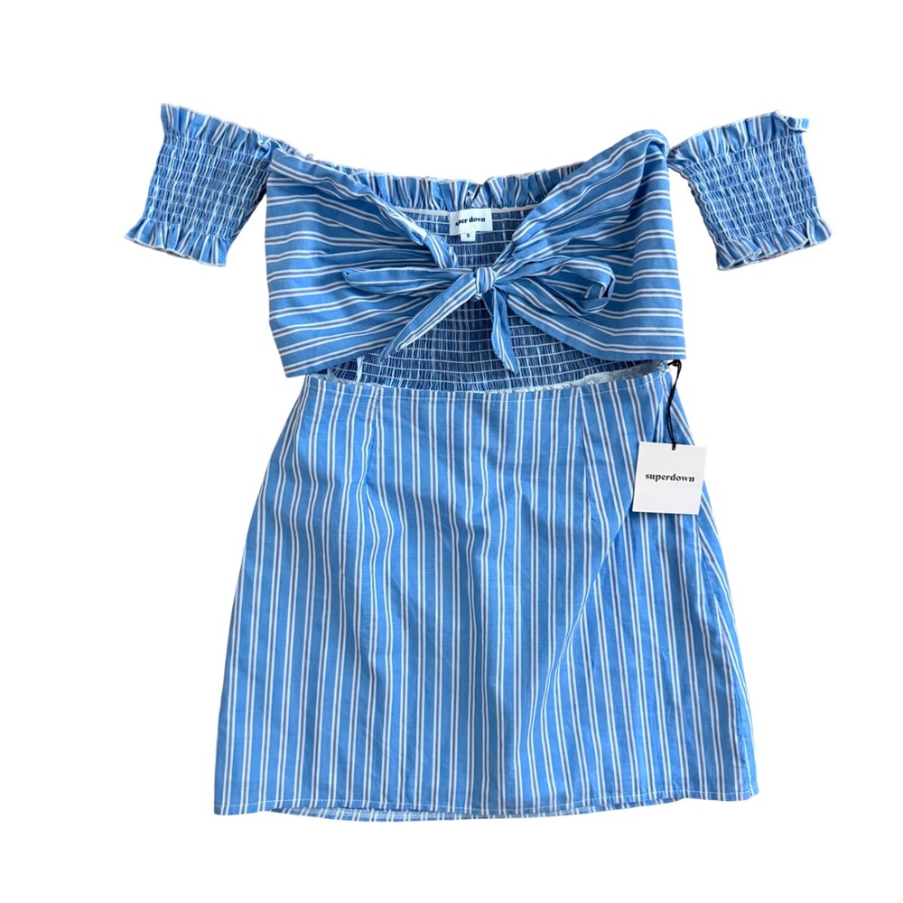 Superdown Blue White Striped Off Shoulder Smocked‎ Mini Dress Tie Front Cutout S